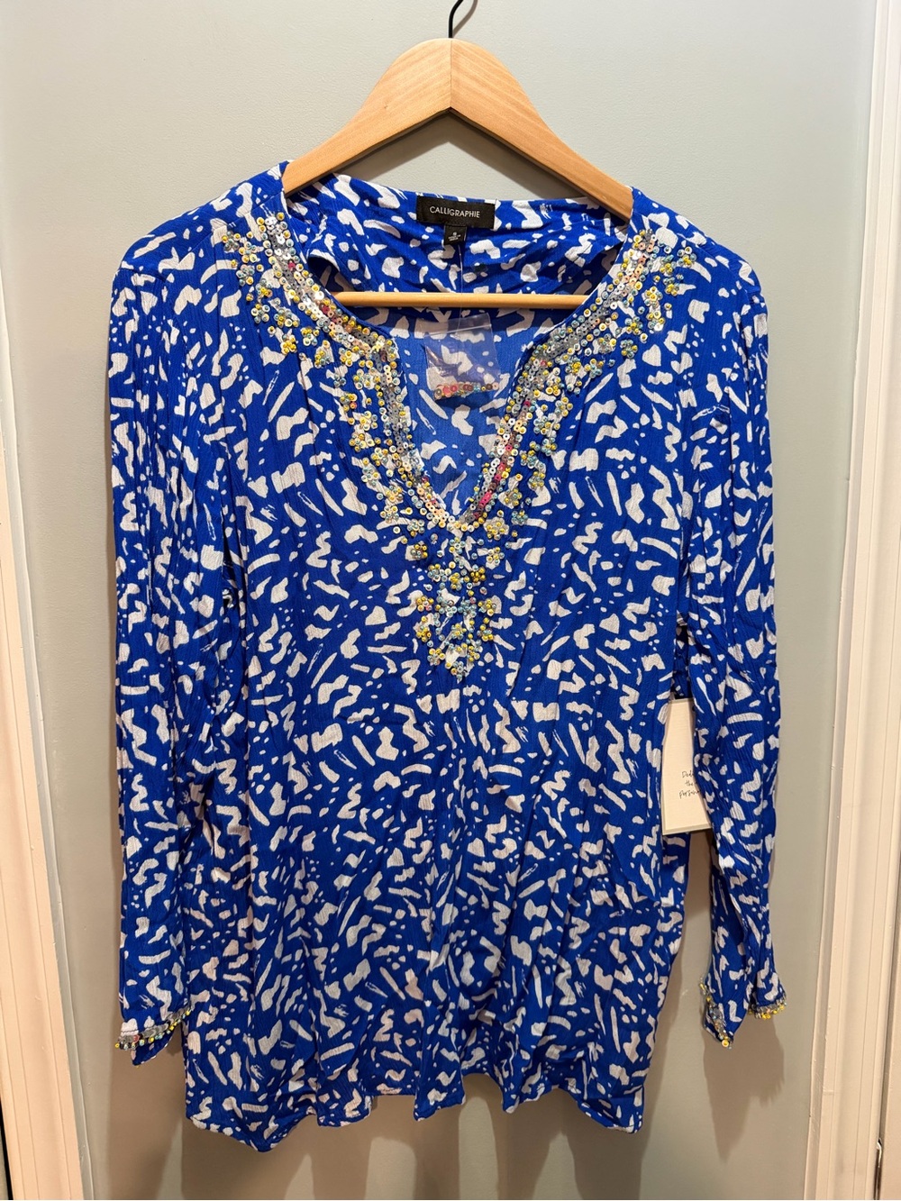 Calligraphie for Anthropologie Embellished Blue & White V-Neck Tunic Top NWT
